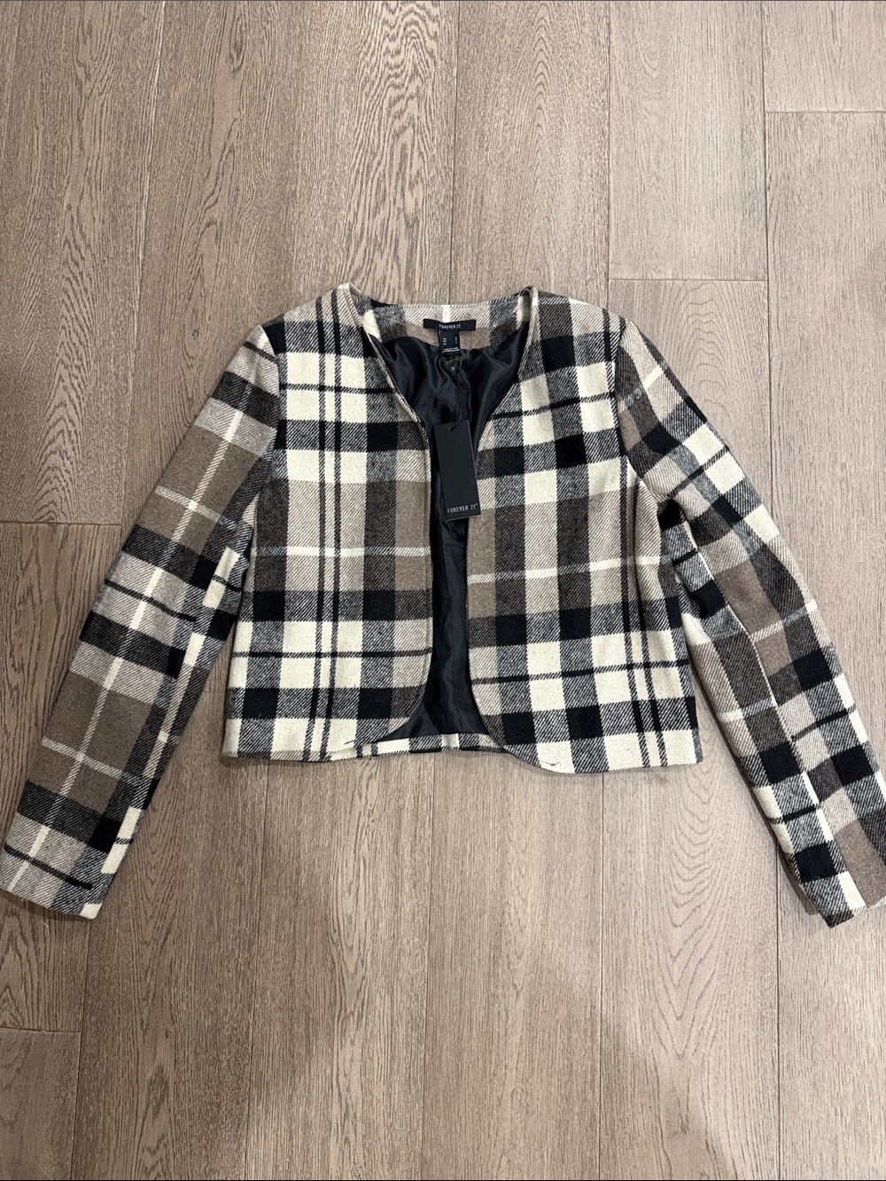 Forever 21 Plaid Cropped Blazer in Black, White & Brown